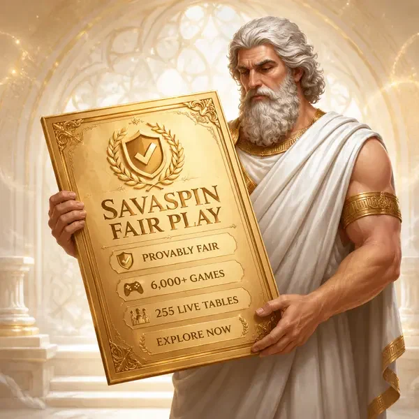 El Patriarca examina certificado de equidad demostrable de Savaspin Casino en salón dorado de transparencia